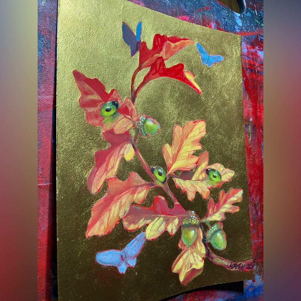 Original Butterfly painting oak acorn art nature gold surreal nouveau Artwork US - Picture 2 of 10